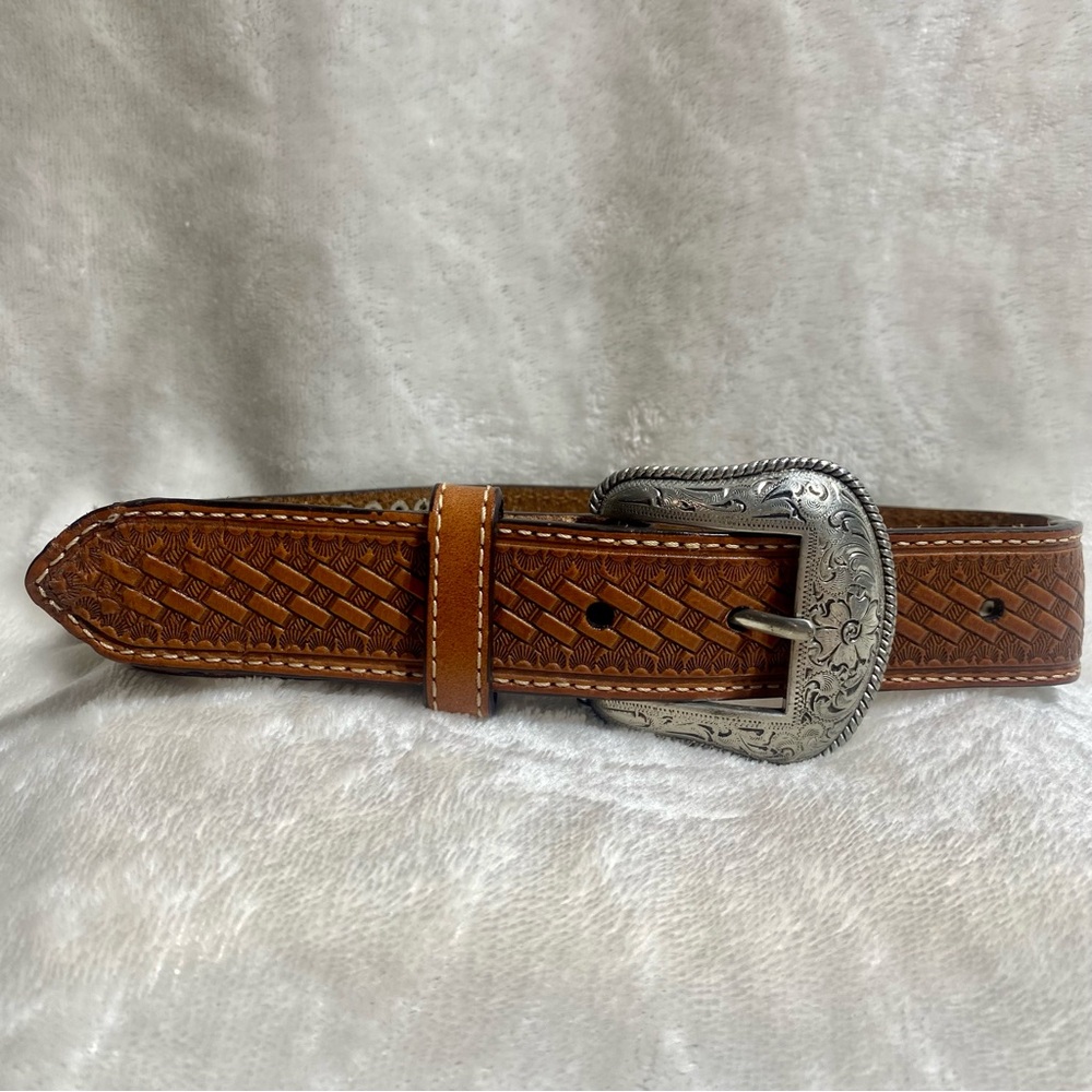 NOCONA Kids Leather Calf-hair Belt Blue Rhinestones Brown Western Cowboy - Picture 2 of 11